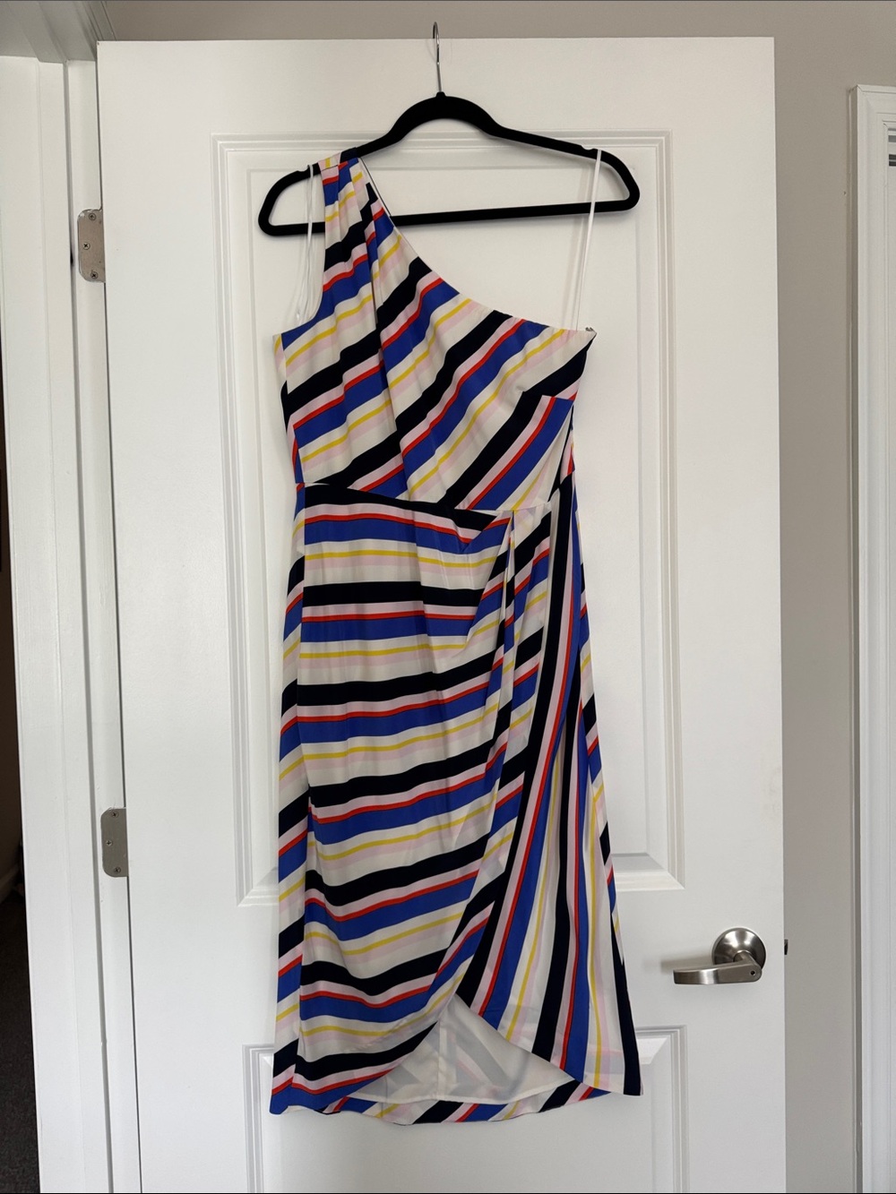 J. Crew Silk One-Shoulder Striped Dress in Navy, Red, Yellow, Black and White